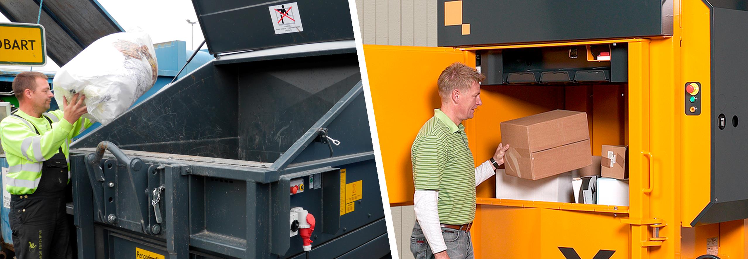 Mand smidder affaldssæk i komprimator. Mand fylder papkasse i gul pappresser