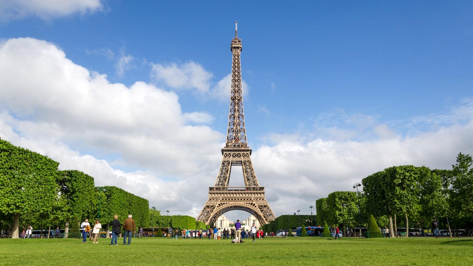 Firkantet klippede træer i alléen ned mod Eiffeltårnet