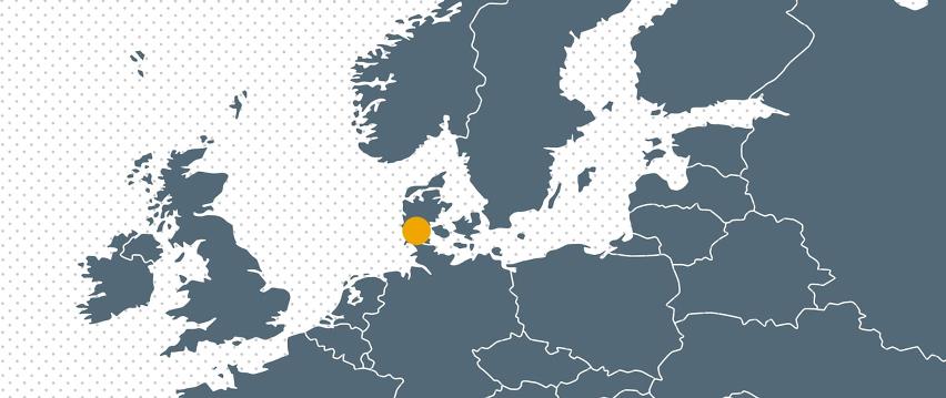 Europa kort med gul prik som viser Bramidan hovedkontor i Danmark