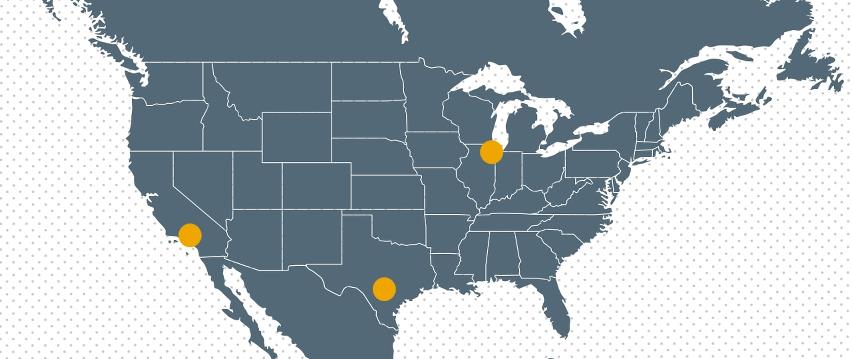 Europa kort med gul prik som viser Bramidan associerede virksomhed i USA